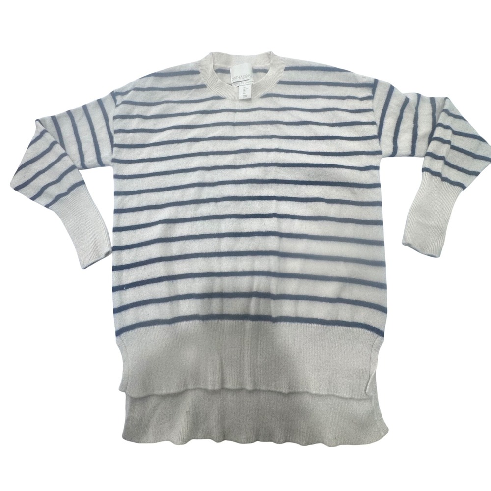 Cynthia Rowley 100% 2-Ply Cashmere Striped Sweater Navy Cream Small High Low Hem